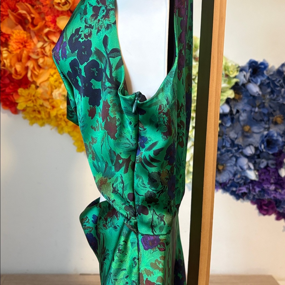 Zara Green and Purple Floral Print Satin Effect Dress with Cut Out Maxi Dress - Picture 14 of 15